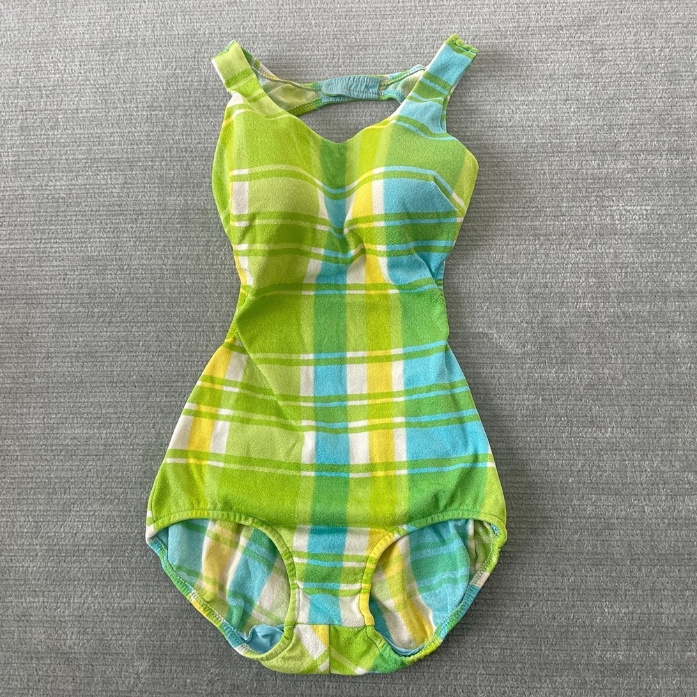 Vintage 60 70 Cole of California Swimsuit Retro Plaid Green One Piece Open Back